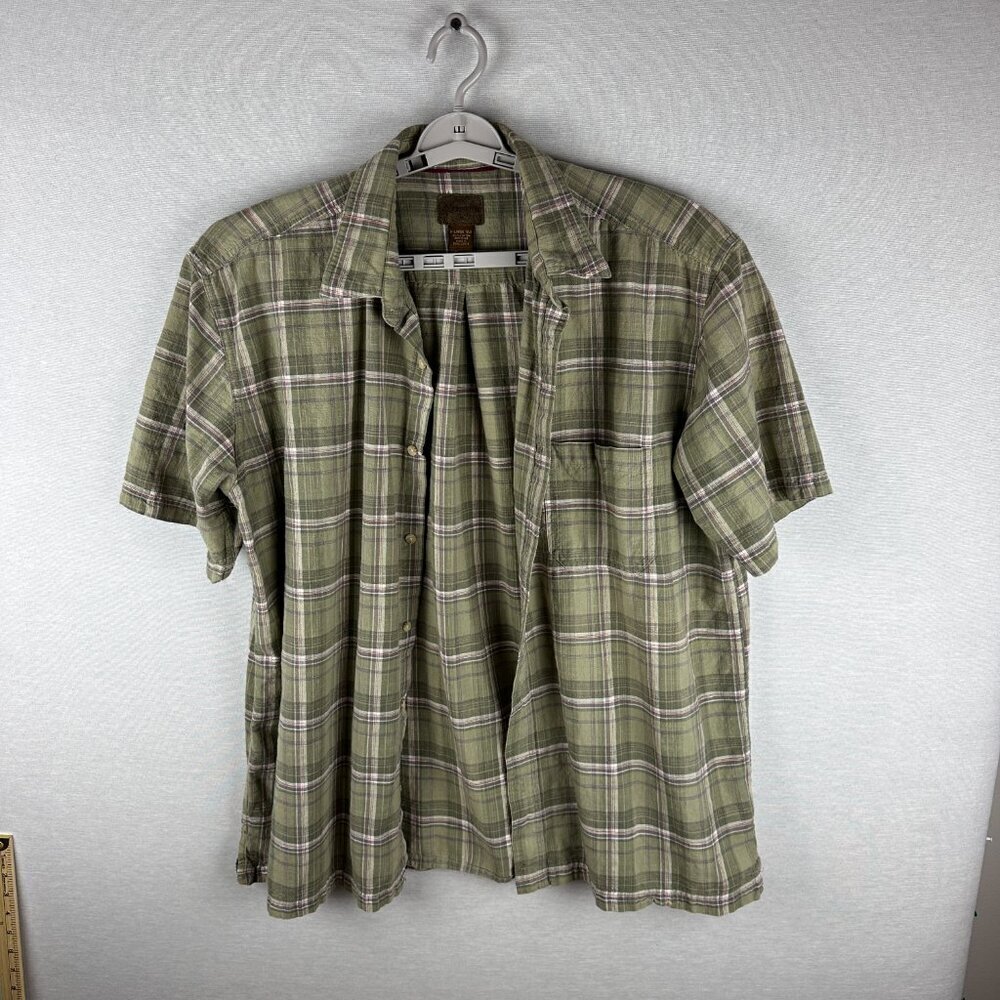 VINTAGE ST JOHNS BAY MEN'S BUTTON SHIRT, LARGE GREEN PLAID, SHORT SLEEVE, XL